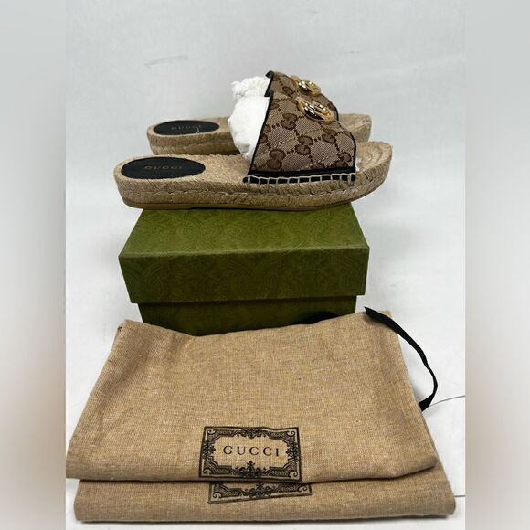 AUTHENTIC GUCCI GG MATELASSE CANVAS ESPADRILLE SANDAL size 34.5 US 4.5 - Picture 2 of 14